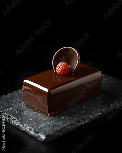 Wallpaper Mural Modern luxury chocolate mousse cake with glossy mirror glaze and raspberry topping on dark stone slab against black background studio lighting
 Torontodigital.ca
