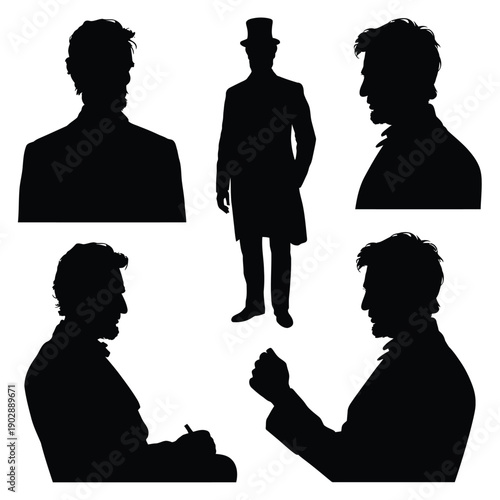 Set of five silhouette illustrations of a historical male figure in various poses including standing tall in a top hat and coat and seated writing capturing iconic profiles and distinctive