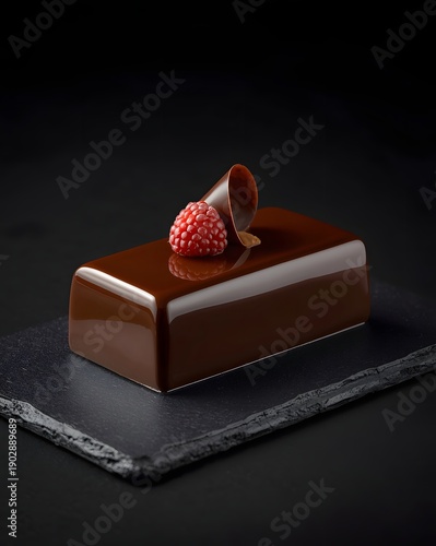 Wallpaper Mural Modern luxury chocolate mousse cake with glossy mirror glaze and raspberry topping on dark stone slab against black background studio lighting
 Torontodigital.ca