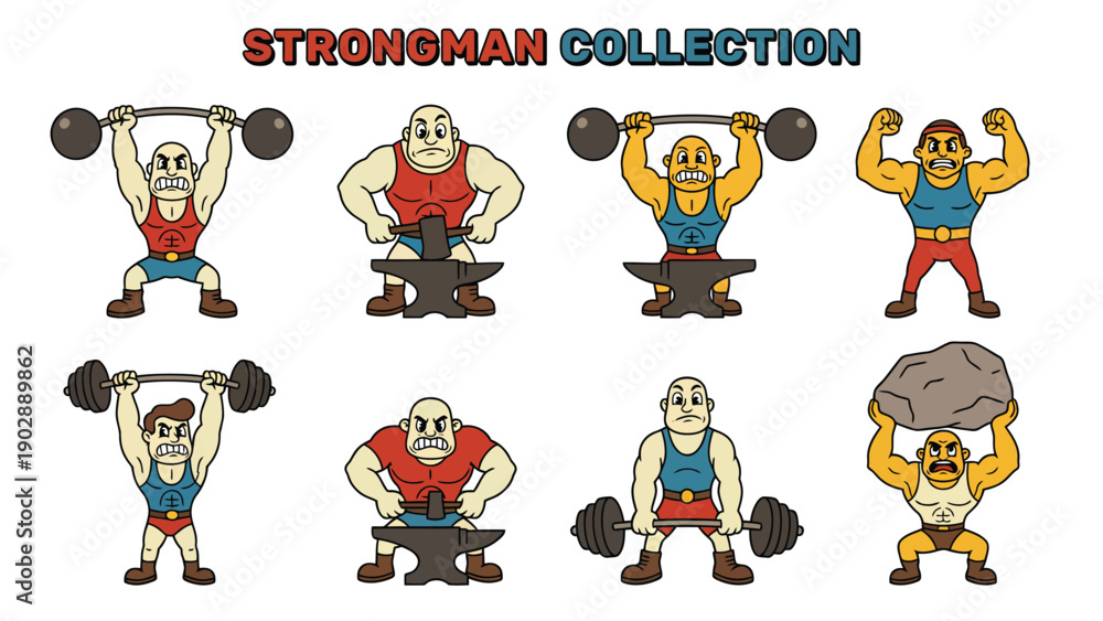Fototapeta premium Vintage Cartoon Strongman Collection. Retro Illustration Set of Weightlifters and Powerlifters Showing Strength