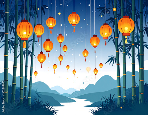 Floating Lanterns in Rainy Grove