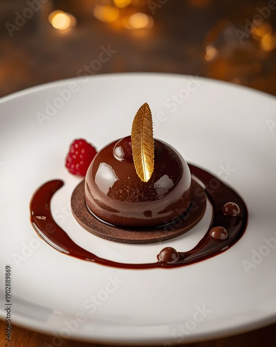Wallpaper Mural Elegant gourmet chocolate mousse dessert with glossy sauce swirl and fresh raspberry garnish served on white fine dining restaurant plate
 Torontodigital.ca