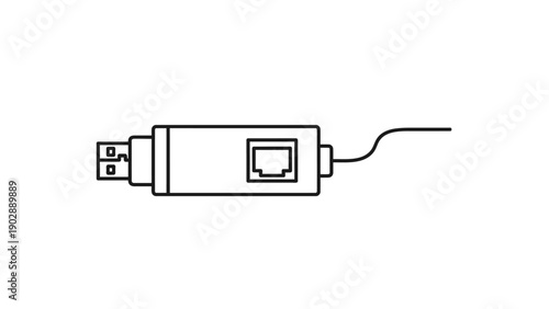 Minimalist line icon of a USB to Ethernet adapter for essential network connectivity on white