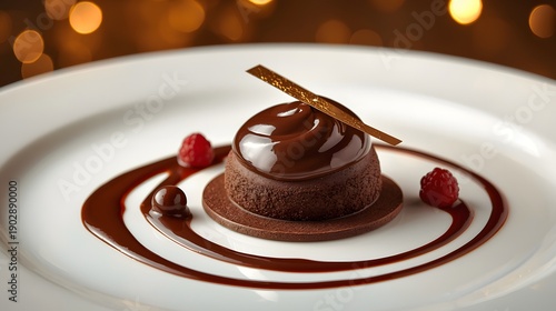 Wallpaper Mural Elegant gourmet chocolate mousse dessert with glossy sauce swirl and fresh raspberry garnish served on white fine dining restaurant plate
 Torontodigital.ca