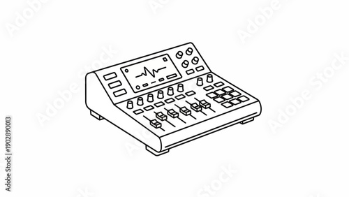 Isometric line art illustration of a professional audio mixer soundboard for music production
