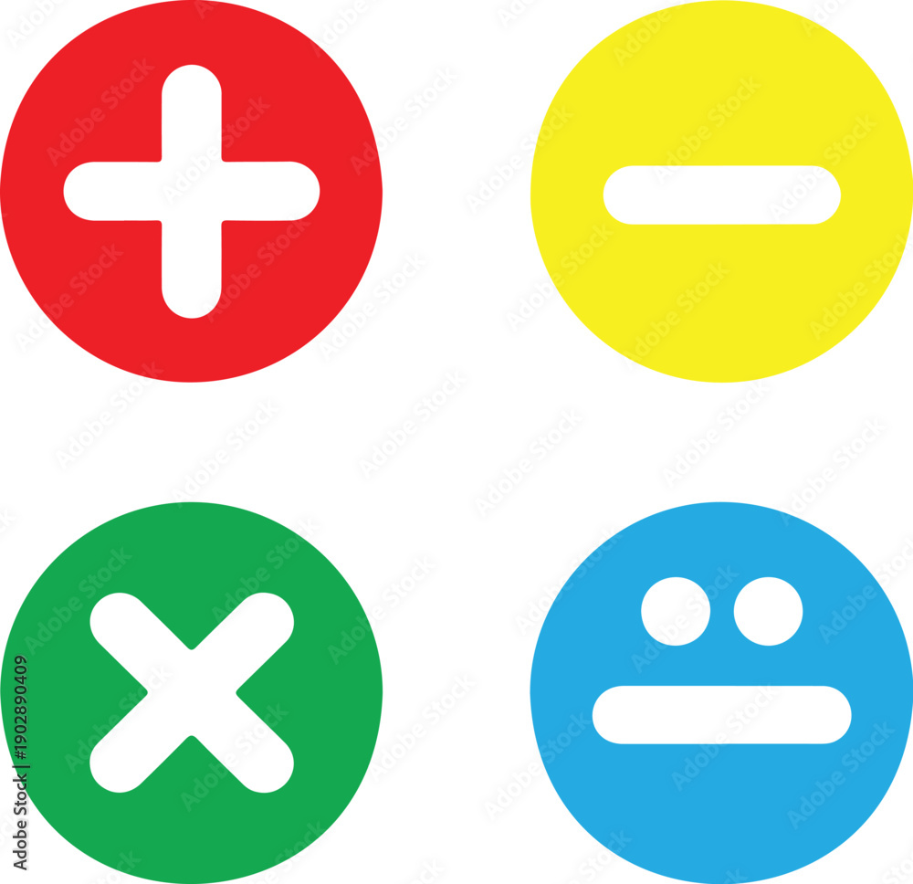 Fototapeta premium A set of four circular mathematical operation symbols in a minimalist design, arranged in a 2x2 grid.