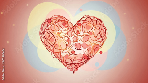 Abstract tangled heart on a vibrant red background symbolizing complex emotions and love