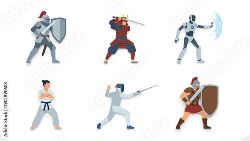 Diverse Warriors Collection: Knight, Samurai, Robot, Martial Artist, Fencer, Roman Soldier Illustrations