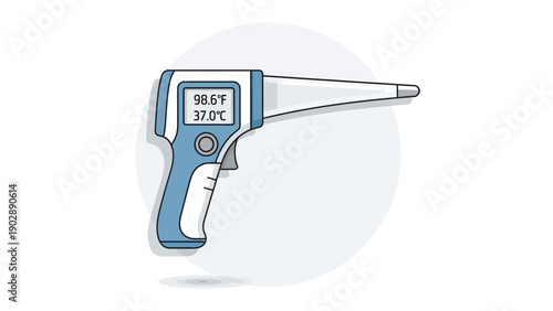Digital non-contact infrared thermometer displaying normal body temperature measurement