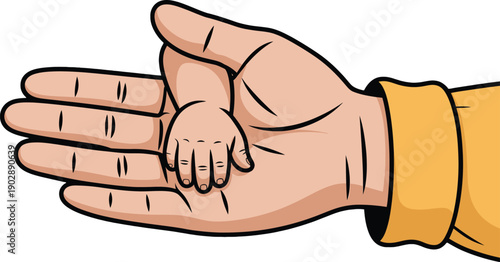 A large hand gently cradles a much smaller hand symbolizing protection and care