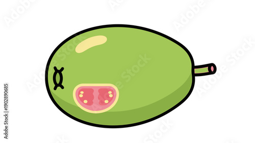 Adorable cartoon guava illustration with pink cut section and cute details on a white background