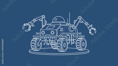 Detailed blueprint illustration of a futuristic robotic exploration rover with articulated arms