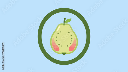Vibrant cartoon guava fruit icon with seed details and pink blush inside a green circle on light