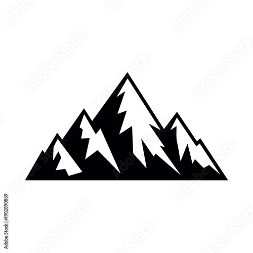 A stark black and white silhouette icon of rugged mountains with sharp peaks and snow-capped ridges, representing nature and adventure.