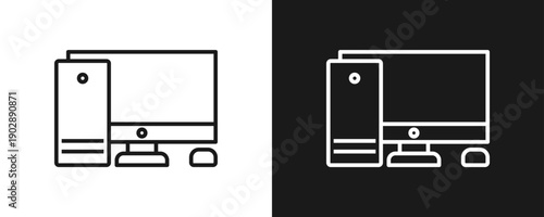 Desktop Computer Icon Set Outline In White And Black Background