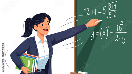 Smiling female teacher writing math equations on chalkboard, holding books. Education concept illustration.