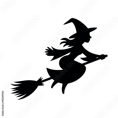 A classic black silhouette of a witch flying on a broomstick, depicting a common symbol of magic, Halloween, and folklore.