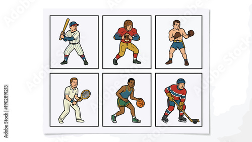 Cartoon Sports Athletes Grid: Baseball, Football, Boxing, Tennis, Basketball, Hockey Players. Retro Illustration Set.