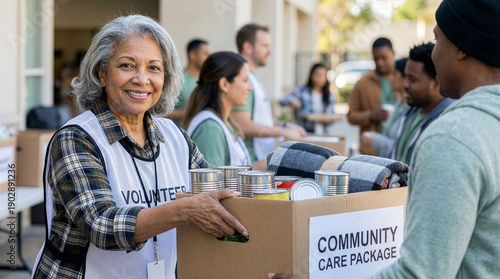 Smiling senior woman volunteers, handing out community care packages to people