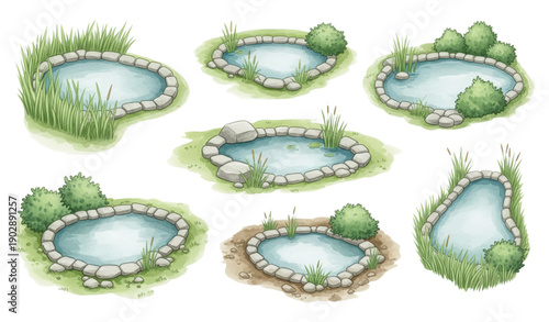 Calm park pond watercolor vector collection garden lakes isolated on transparent background