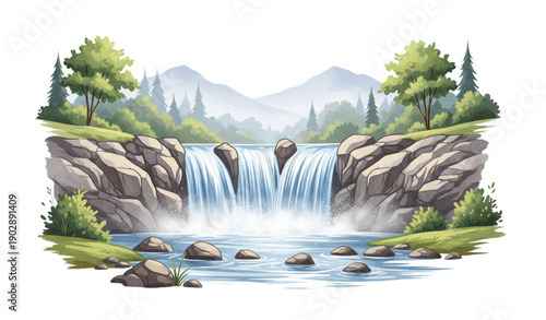 Watercolor waterfall landscape vector illustration cascading stream isolated on transparent background