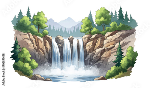 Forest waterfall watercolor vector with mist splash rocks isolated on transparent background