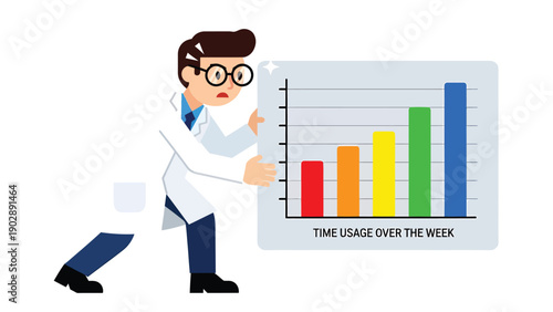 Stressed professional analyzing increasing time usage data chart, representing workload and productivity challenges.