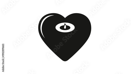 Minimalist black heart symbol with a glowing white candle flame inside representing love and