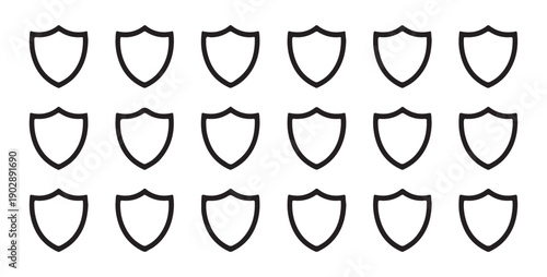 Shield outlines in rows multiple empty badge shapes for graphic design background and security elements