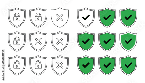 Collection of shield icons featuring lock, cross, and checkmark, security and protection concept