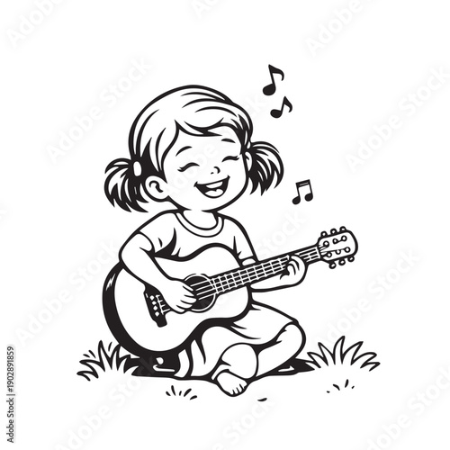 A charming vector features a little girl playing guitar with a joyful smile, capturing innocence, musical curiosity, and the fun spirit of learning and enjoying music at a young age.