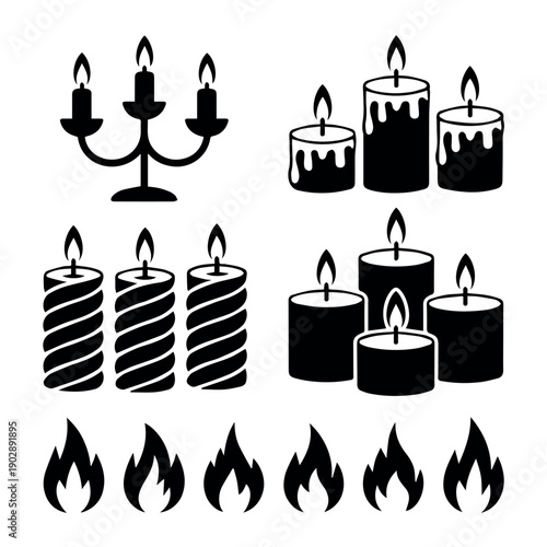 A collection of various stylized black silhouette candle and flame icons, including a candelabra, pillar candles, tea lights, and a set of diverse fire shapes.