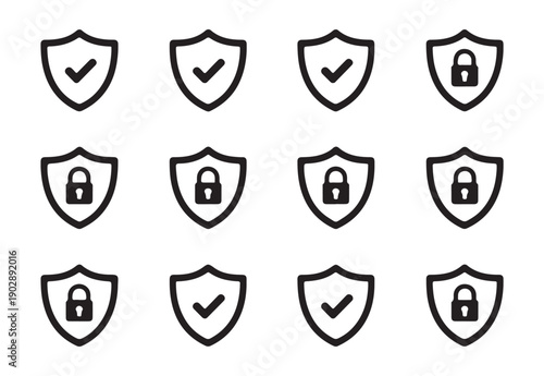 Security shield icons set with checkmark and padlock symbols, depicting protection and safety in a linear style