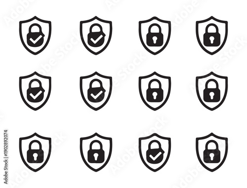 Security shield icons with padlocks and checkmarks, illustrating digital protection and verified access