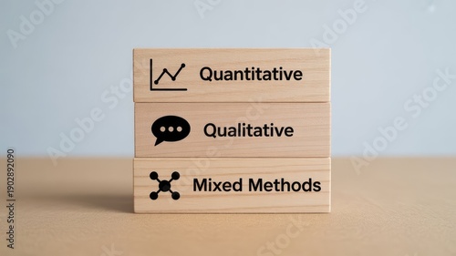 Wooden blocks stacked showing quantitative qualitative and mixed methods research approaches stacked vertically symbolizing data analysis strategy development