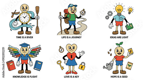 Retro Cartoon Characters Representing Life Concepts Time Journey Ideas Knowledge Love Hope