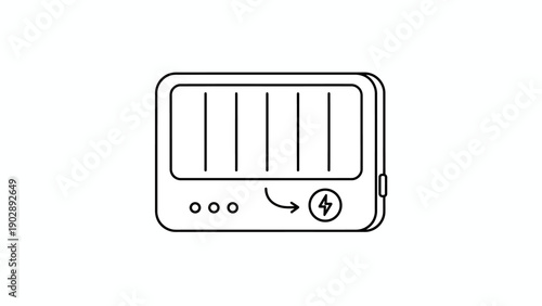 Black and white line art illustration of a portable power bank device with charging indicator icon