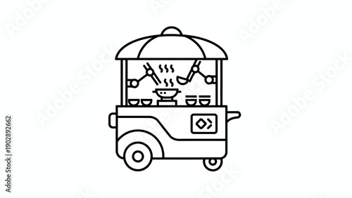 Autonomous food preparation on a mobile cart featuring robotic arms serving hot meals and