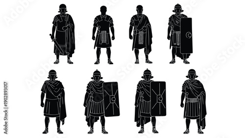 Collection of ancient Roman soldier silhouettes including legionaries with shields, swords, and helmets in various standing poses isolated on white. (20 words