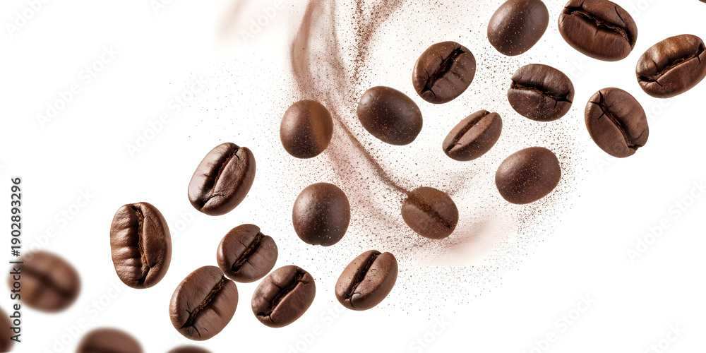 Obraz premium Floating Coffee Beans Close Up Isolated on Transparent Background