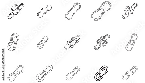 Outline vector set of various sanitary pads in a grid layout, feminine hygiene products