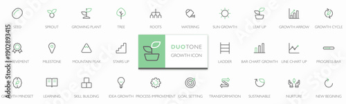 Modern growth icon set in duotone minimalist line style. Editable stroke vector icons for business, wellness, self development, progress, sustainability and startup concepts. Flat and scalable design