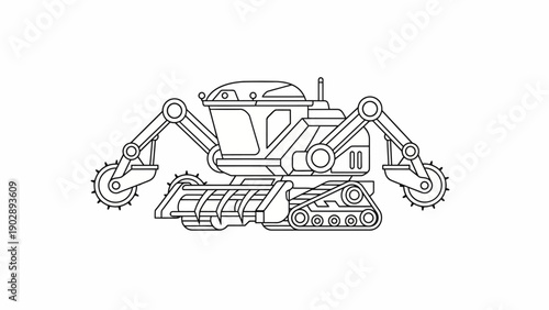Detailed black outline illustration of a futuristic industrial robotic vehicle with tracks and