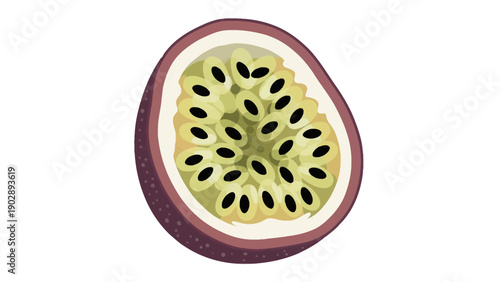 Vibrant tropical passion fruit half illustration displaying juicy pulp and seeds on a clean white