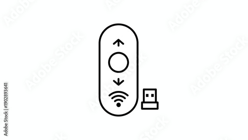Black and white line icon of a wireless presentation remote control and USB dongle for seamless