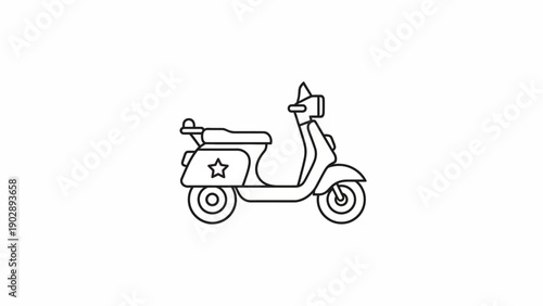 Minimalist black and white line art illustration of a vintage style scooter with a star graphic