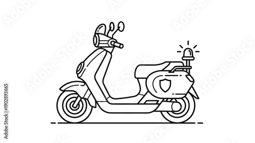 Black and white line art illustration of a police scooter with siren and shield emblem for urban