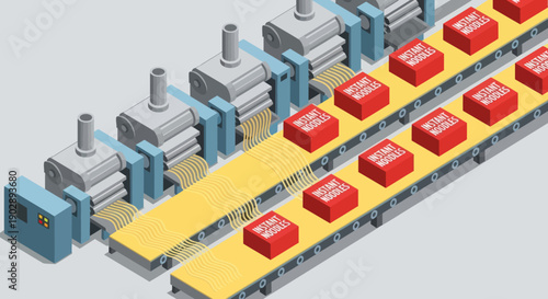 Conveyor Belt with Red Boxes and Machines.