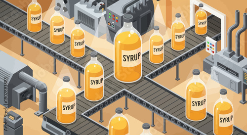 Syrup Bottles on Conveyor Belt in Factory.