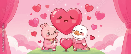 Cute cartoon pig and penguin couple on stage with hearts.